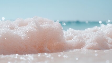 Fototapeta premium Shimmering pink sand beach with ocean background and sparkling light, a landscape tropical serene paradise