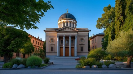 Captivating view on synagogue presents a serene atmosphere, emphasizing the tranquility of the surroundings, perfect for articles about places of worship, peaceful retreats, and cultural