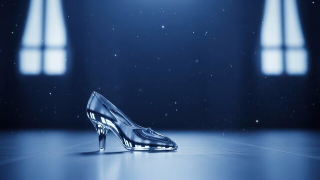 Glass slipper on a reflective floor, soft blue light filters through tall windows
