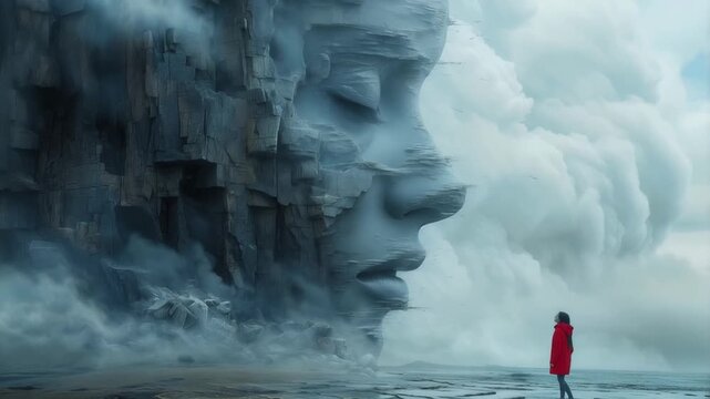 Surreal scene of a small woman in a red coat facing a colossal stone face emerging from cliffs and fog symbolizing depression inner struggle emotional weight and mental health challenges