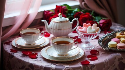 Elegant tea service with heart sugar and red roses