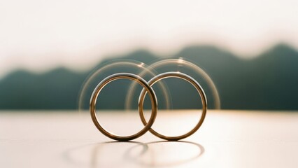 Interlocked gold wedding rings with mountain background