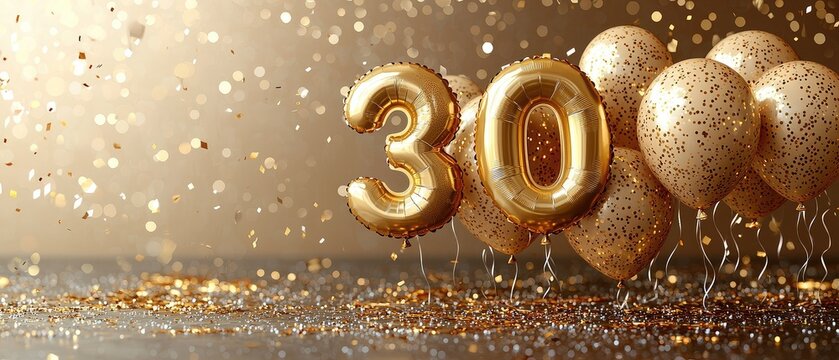 Golden 30th Birthday Celebration with Balloons and Confetti