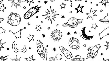 Cute Hand Drawn Space Elements Seamless Pattern for Kids Background and Wallpaper © Refina