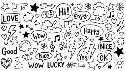 Hand-drawn doodle elements like stars, hearts, clouds, and speech bubbles with positive words