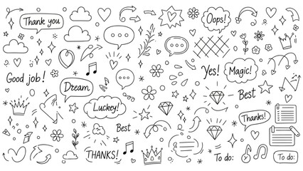 Hand-drawn Doodle Elements Vector Illustration: Fun Symbols and Motivational Words