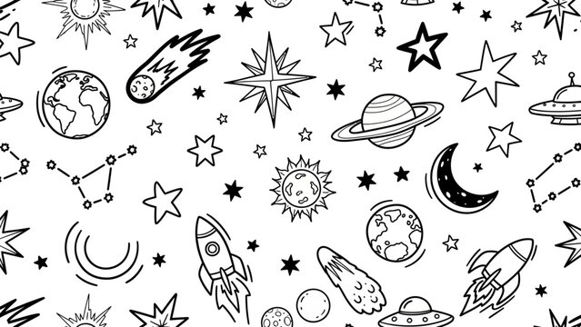 Cute Hand Drawn Space Elements Seamless Pattern for Kids Background and Wallpaper