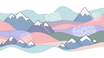 Snowy mountain landscape with pastel colors and snowflakes winter scenery with rolling hills and peaks