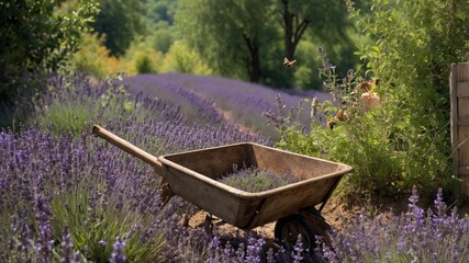 Lavender field with a wheelbarrow filled with flowers, vibrant greenery in the background, peaceful scene