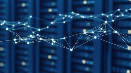 Network nodes connected, overlaid on blurred server racks, blue toned image