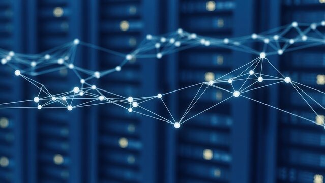 Network nodes connected, overlaid on blurred server racks, blue toned image - Powered by Adobe