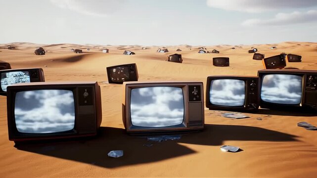 Numerous vintage cathode ray tube television sets are scattered across a vast, sunlit desert landscape creating an unusual scene.