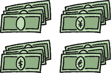 紙幣の手描きイラストセット