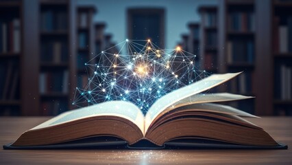 Open book radiates digital network in library setting