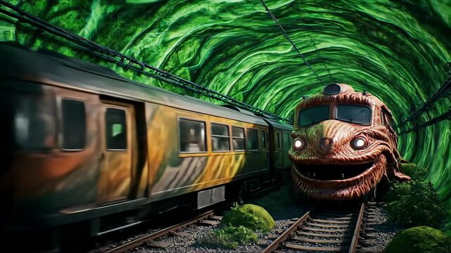 Surreal, organic green tunnel provides a bizarre backdrop for a passing yellow passenger train and a monstrous creature locomotive.