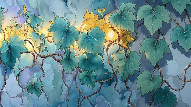 Fantasy tunnel with blooming forest flowers concept. Vines with vibrant blue leaves and glowing elements create a mystical atmosphere.