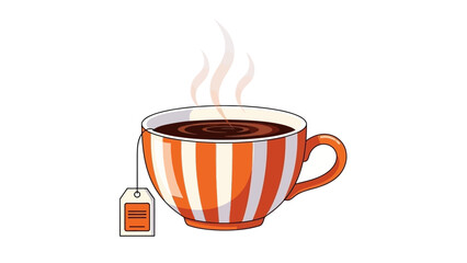 Obraz premium Hot Tea in Striped Mug with Steam and Tea Bag