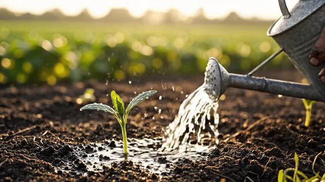 Nurturing Life - Watering a Young Plant in a Garden.