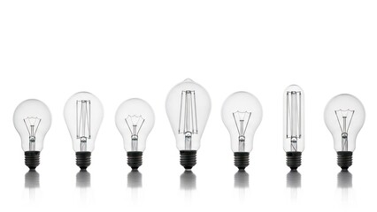 Row of seven different glass lightbulbs with varying shapes on white