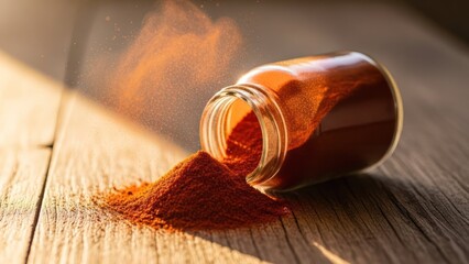 Red powder spills from a glass jar on aged wooden planks, sunlit dust