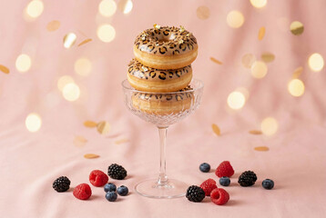 Stack of Leopard Print Donuts in Champagne Glass with Berries