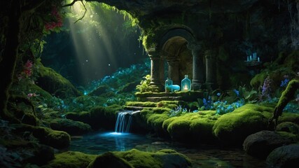 Obraz premium Enchanted cave with glowing vases and a serene waterfall surrounded by lush greenery and flowers