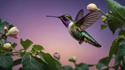 Obraz premium Vibrant hummingbird hovering near blooming flowers at sunset, showcasing nature's beauty