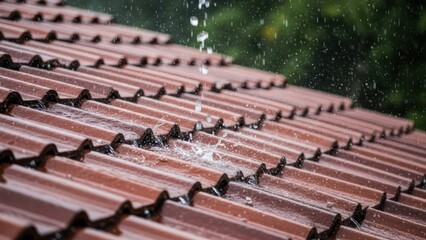Rain pouring down on terracotta tiled roof, creating splashes