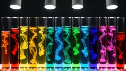 Rainbow of liquids swirling in test tubes under bright lamps against a dark background