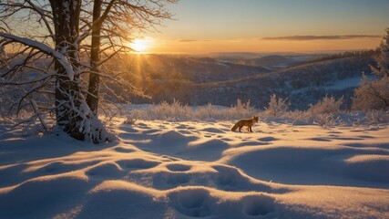 A solitary fox traverses a snow-covered landscape at sunset, with frosty trees and distant hills