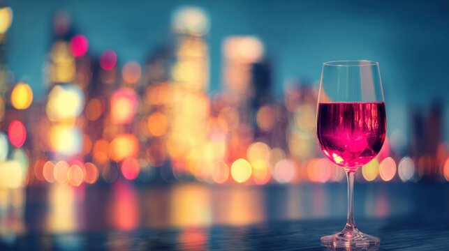 Wine glass on a table with city lights in the background at night