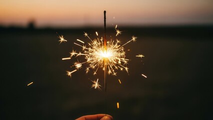 Sparkling fireworks stick held against a dark, blurred, sunset background