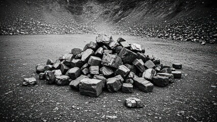 Pile of rocks in barren landscape, crater background, monochrome
