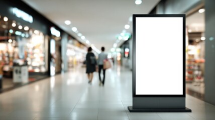 Obraz premium Blank Advertisement Billboard in Shopping Mall with Blurred People Walking for Marketing and Promotion