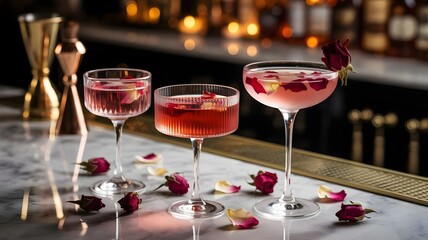 Pink rose infused cocktails with dried petals on marble bar