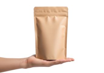 Hand holding a beige pouch isolated on a transparent background