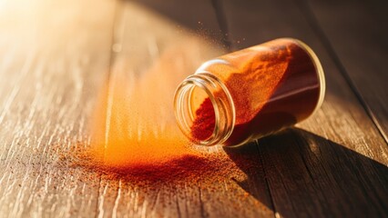 Spilled orange powder jar on wood floor with strong sunlight and shadows
