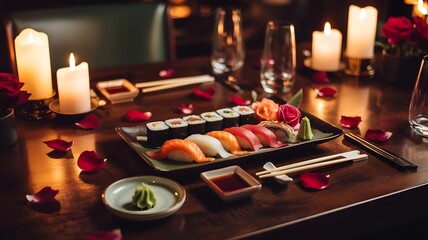 Valentine's Day sushi dinner for two with candles and roses