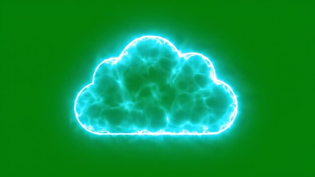 Glowing blue cloud, neon cloud icon, cloud computing symbol, green background