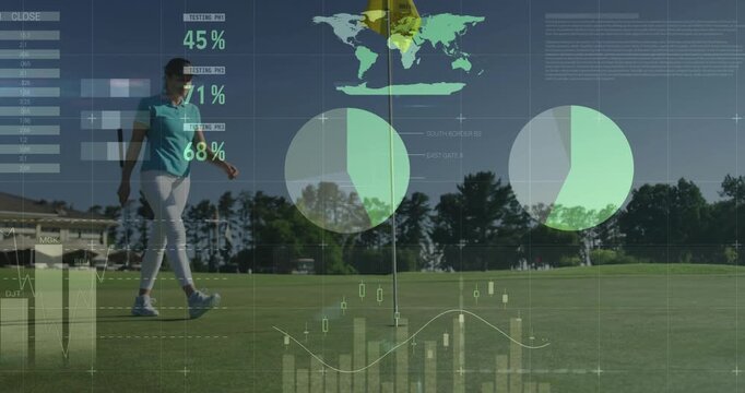 Golfer standing on green by flagstick, following golf analytics overlay guiding putt with each step