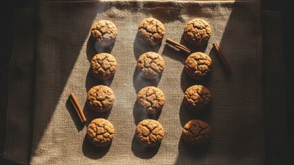 Warm, light on a burlap lined tray of spiced cookies and cinnamon sticks