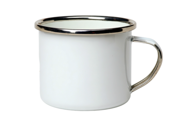 Close-up studio shot of a white enamel coffee mug with a silver rim and handle