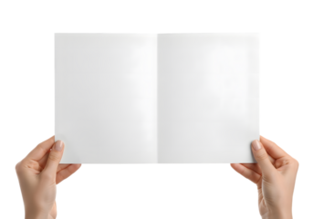 Hands holding open blank book isolated on a transparent background
