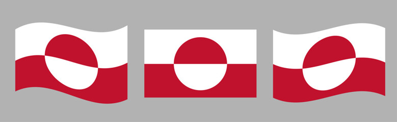 Greenland national flag set with waving and flat versions. Red and white country flags collection on gray background.