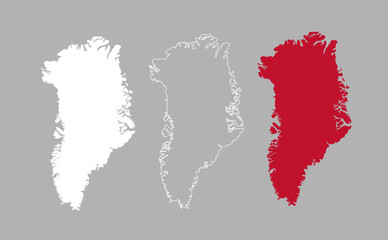Greenland map set with filled silhouette and outline versions. Country shape in white and red on gray background.