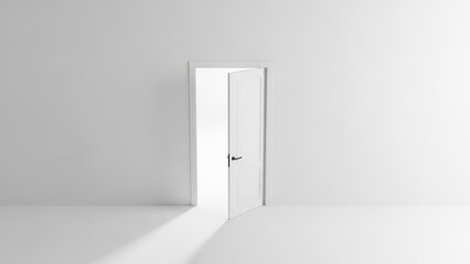 White open door in a stark white room, light streaming inside