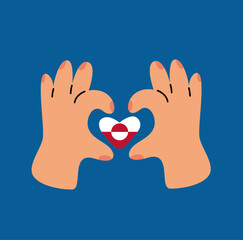 Hands forming heart with Greenland national flag inside. Love and unity symbol with country colors on blue background