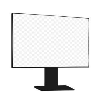 Monitor with empty transparent screen on black stand isolated on white background. Realistic 3d vector mockup. Flat panel blank digital widescreen display. Easy editable mock-up. Template for design