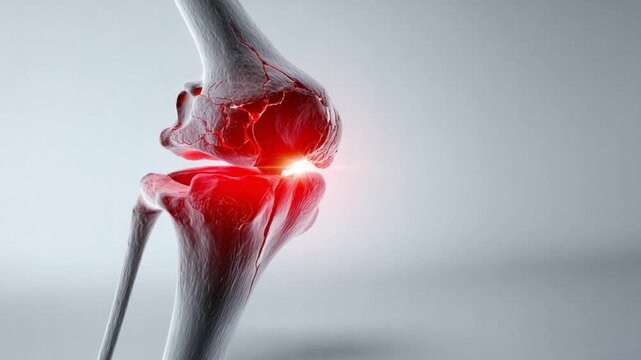 Arthritis knee: A medical illustration revealing the intricate anatomy of a knee joint afflicted by arthritis, the joint glows in areas of inflammation.