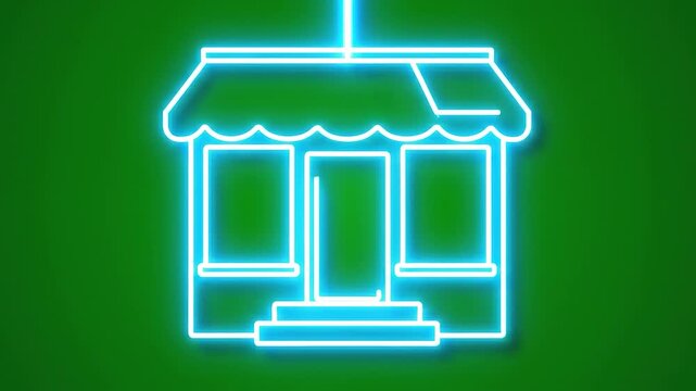 Neon blue storefront icon glowing outline of a small business building simple vector illustration for retail concept.